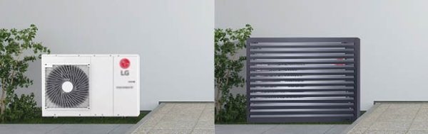 Transformeer uw warmtepomp met de Qventi extra large buitenunit omkasting, uitgevoerd in stijlvol antraciet voor en na afbeelding