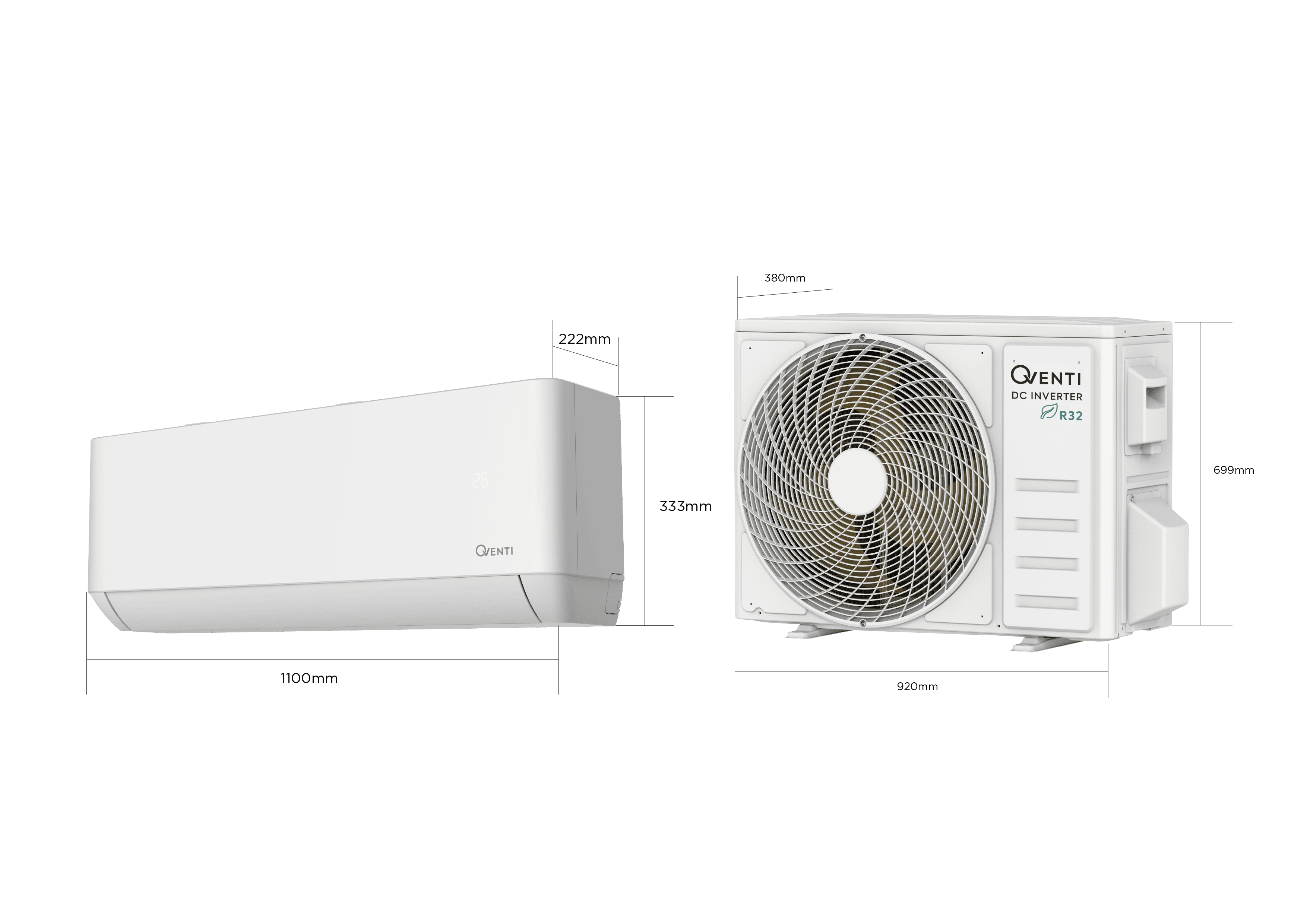 Qventi SAC18HECO wand airconditioner 5.1 kW IDU en ODU afmetingen