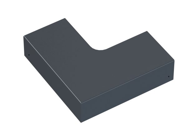 Antraciet aluminium plattebocht 90° (RAL7016) voor een strakke, robuuste hoekafwerking binnen het Qventi leidinggootsysteem.