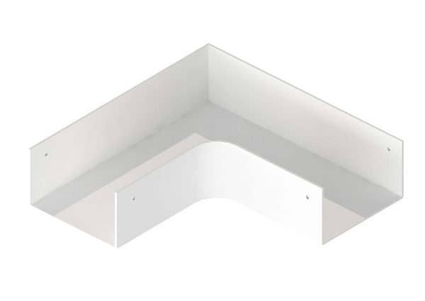 Witte aluminium plattebocht 90° (RAL9010) voor een strakke, duurzame hoekafwerking binnen het Qventi leidinggootsysteem. Past perfect bij AircoCover warmtepomp omkastingen.