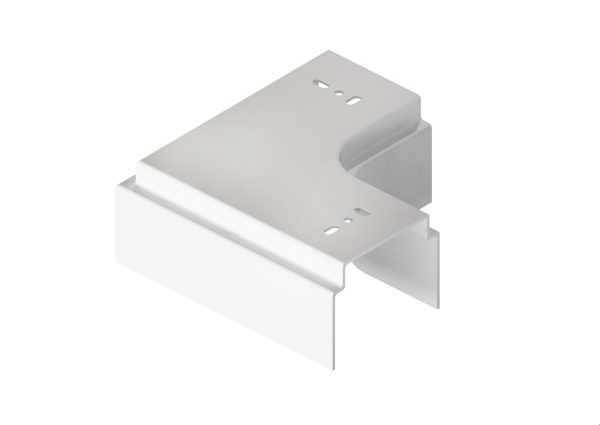 Witte aluminium plattebocht 90° (RAL9010) voor een strakke, duurzame hoekafwerking binnen het Qventi leidinggootsysteem. Past perfect bij AircoCover warmtepomp omkastingen.
