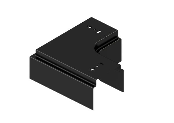 Zwarte aluminium plattebocht 90° voor Qventi leidinggootsysteem. UV-bestendige hoekafwerking, perfect passend bij AircoCovers